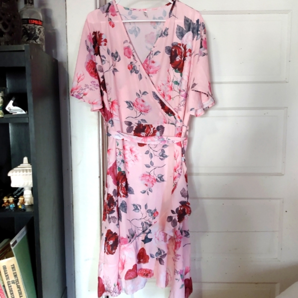 Pink Floral Faux Wrap Dress